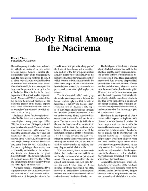 hs Based on the body rituals would you rather be a man or a woman in this society. . Body ritual among the nacirema discussion questions